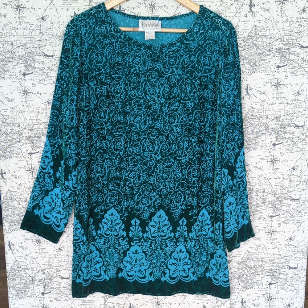 Diane Von Furstenberg Silk Assets Teal  Patterned Velvet Tunic Size Small